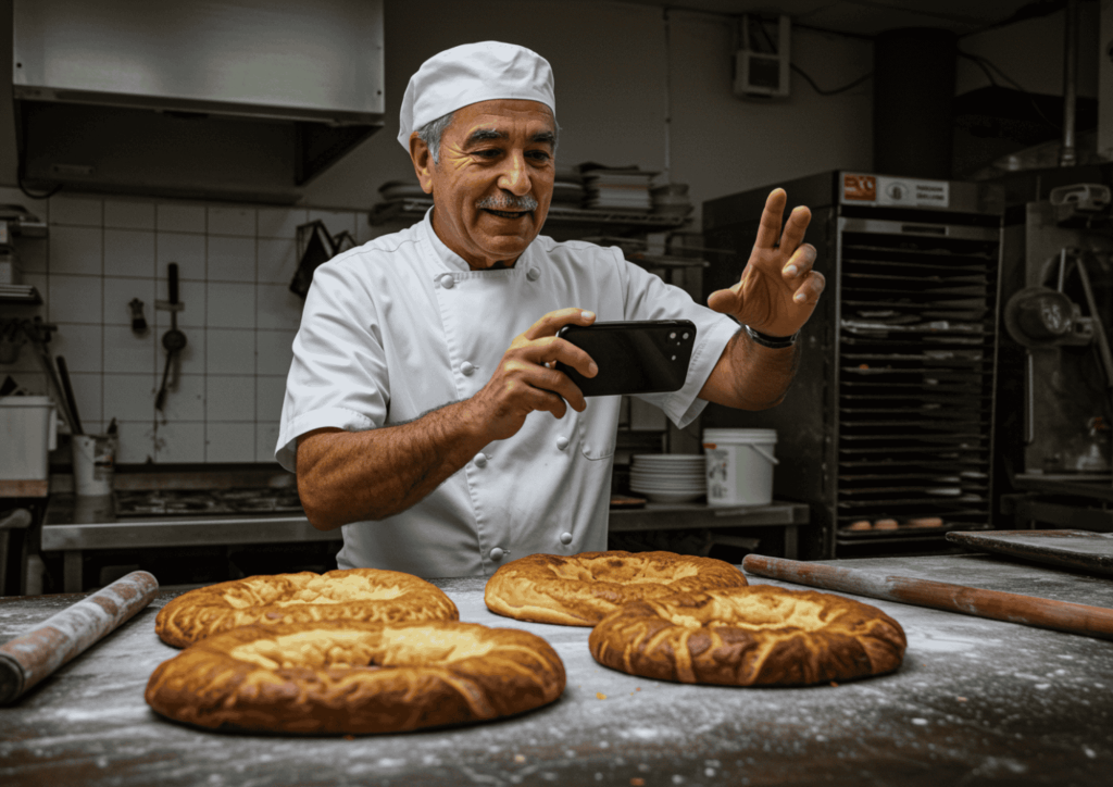 Una imagen hiperrealista y de estilo documental que captura el detrás de cámaras de una pequeña panadería artesanal española. Un panadero español de mediana edad, con uniforme blanco de chef y gorro, está enfocado en su labor de presentar sus productos, mientras que a su lado un teléfono móvil montado en un trípode graba el proceso en directo para un Reels o TikTok, como se muestra en la pantalla del dispositivo. La escena, hiperrealista y de estilo documental, muestra un momento cotidiano de creación de contenido orgánico, transmitiendo humanización de marca, autenticidad y el concepto de marketing gastronómico Lo-Fi real.