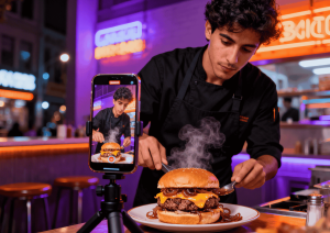 Una imagen hiperrealista y de estilo documental que captura el detrás de cámaras de un pequeño restaurante culinario español. Un chef español de aspecto natural y concentrado, con uniforme negro, está finalizando la preparación de una hamburguesa artesanal en su taller. Él está enfocado en su labor, rodeado de rollos de tela y herramientas de costura en un entorno de trabajo funcional. A su lado, un teléfono móvil montado en un trípode graba el proceso en directo para un Reels o TikTok, como se muestra en la pantalla del dispositivo. La escena, hiperrealista y de estilo documental, muestra un momento cotidiano de creación de contenido orgánico, transmitiendo humanización de marca, autenticidad y el concepto de marketing gastronómico Lo-Fi real.
