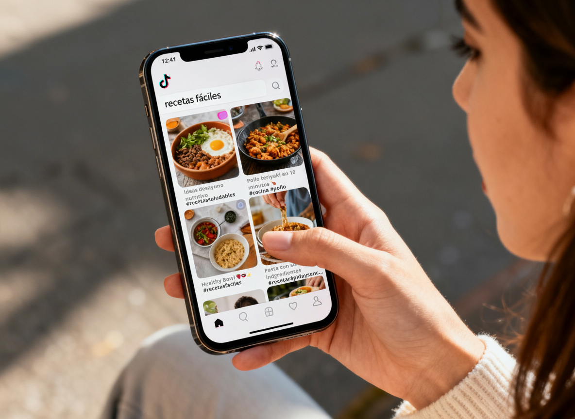 SEO en redes sociales: búsqueda en TikTok desde móvil Chica buscando en TikTok "recetas fáciles" en iPhone, ejemplo de SEO en redes sociales
