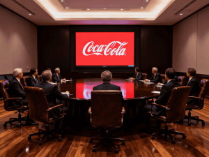 Una fotografía hiperrealista con estilo documental que captura el interior de una lujosa y sofisticada sala de juntas de una corporación global. Alrededor de una gran mesa de conferencias de madera pulida, un grupo de ejecutivos y ejecutivas españoles de mediana edad, todos con traje formal y naturalidad, están sentados y enfocados en una presentación. La gran pantalla central no solo muestra el icónico y nítido logo de Coca-Cola en rojo y blanco, sino que también integra elementos visuales que transmiten autenticidad y el concepto Lo-Fi: una visualization de una cocina de pueblo con horno de piedra, notas manuscritas como 'RECETA DE LA SUEGRA' y '¡GRABANDO PARA INSTAGRAM! - TRAS BASTidoreS' de las imágenes 5 y 11, y un texto superpuesto '¡MÁS AUTENTICIDAD!'. En la mesa, se observan tarros de especias de 'JEREZ GOURMET BURGERS' de las imágenes 5 y 11. La escena transmite cómo la autenticidad estratégica Lo-Fi puede ser integrada incluso en las comunicaciones corporativas más formales de grandes marcas, alineándose perfectamente con el tema de marketing humano y honesto para pymes.