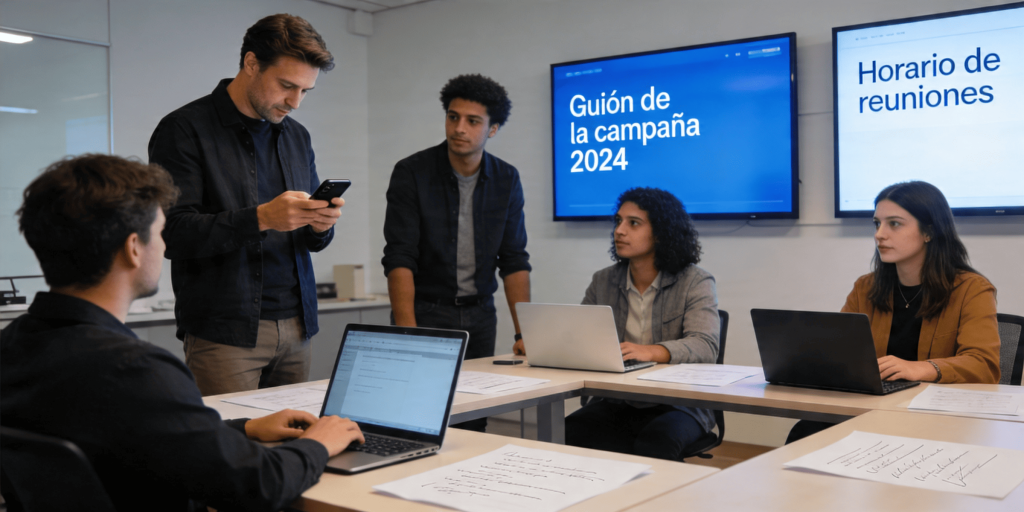 Equipo de marketing de Good Social Media en Jerez, en una reunión de planificación de la campaña de redes sociales 2026.