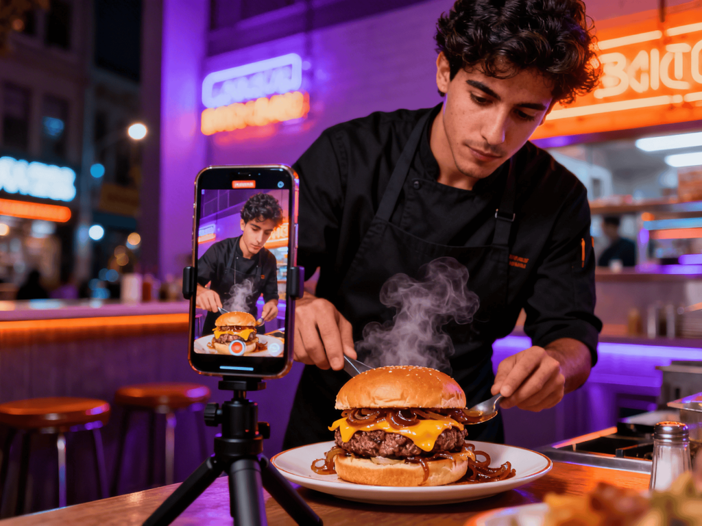 Una imagen hiperrealista y de estilo documental que captura el detrás de cámaras de un pequeño restaurante culinario español. Un chef español de aspecto natural y concentrado, con uniforme negro, está finalizando la preparación de una hamburguesa artesanal en su taller. Él está enfocado en su labor, rodeado de rollos de tela y herramientas de costura en un entorno de trabajo funcional. A su lado, un teléfono móvil montado en un trípode graba el proceso en directo para un Reels o TikTok, como se muestra en la pantalla del dispositivo. La escena, hiperrealista y de estilo documental, muestra un momento cotidiano de creación de contenido orgánico, transmitiendo humanización de marca, autenticidad y el concepto de marketing gastronómico Lo-Fi real.