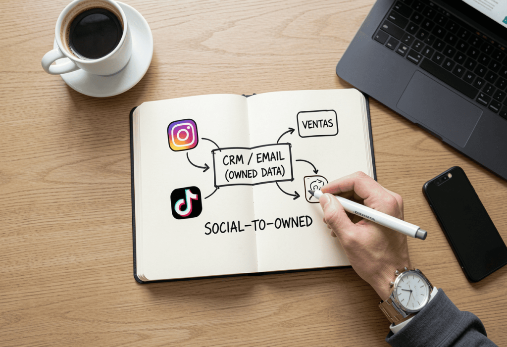 Diagrama dibujado a mano en un cuaderno sobre una estrategia Social-to-Owned Media Pipeline, mostrando la conversión de seguidores de Instagram y TikTok a un CRM/Email y finalmente a ventas. Un profesional escribe con un bolígrafo en el cuaderno.