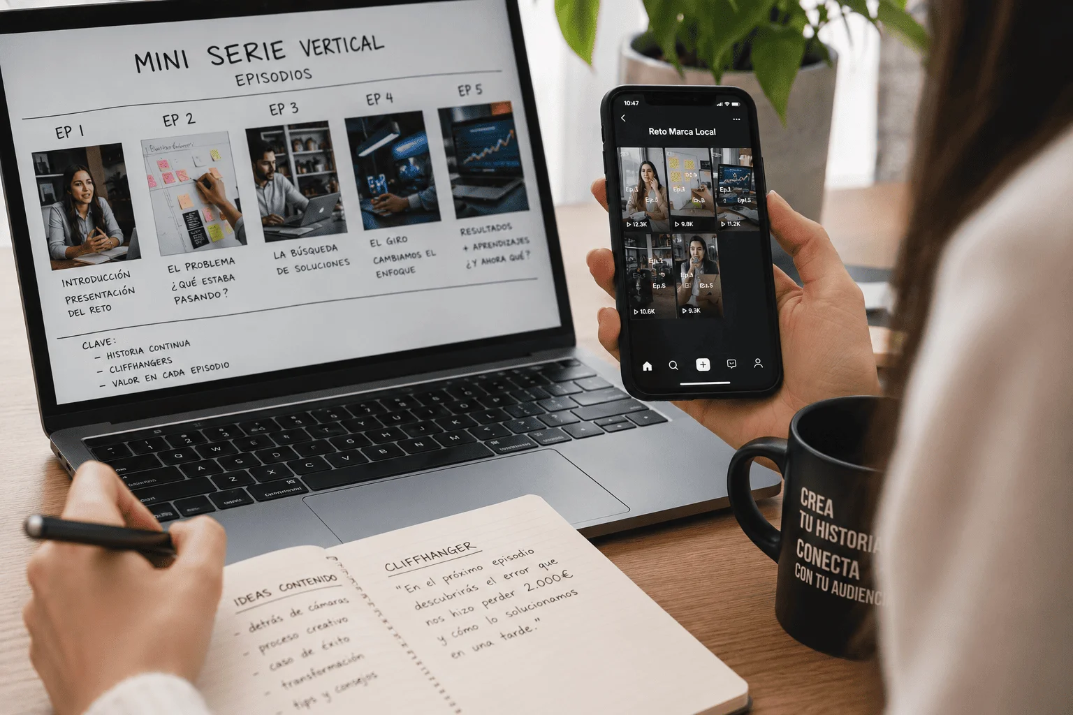 Estrategia de contenidos para mini serie vertical en laptop, guion de videos cortos en libreta y mockup de TikTok en móvil.