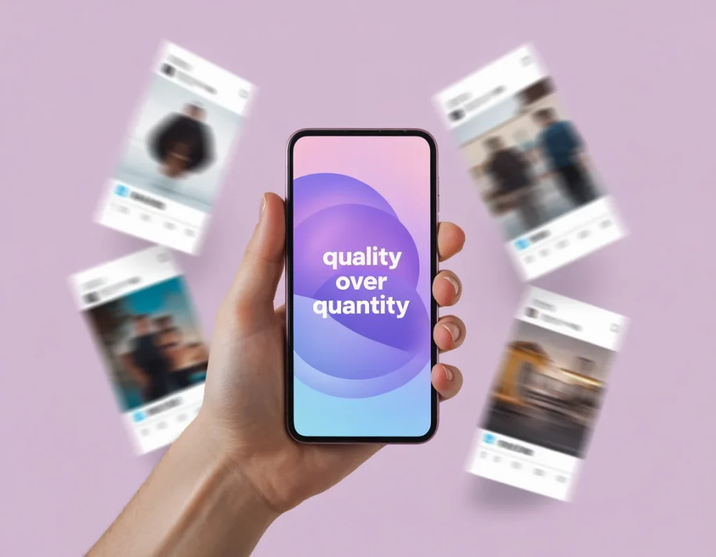 Mano sosteniendo un smartphone con el mensaje “quality over quantity” y contenido de redes sociales distorsionado alrededor
