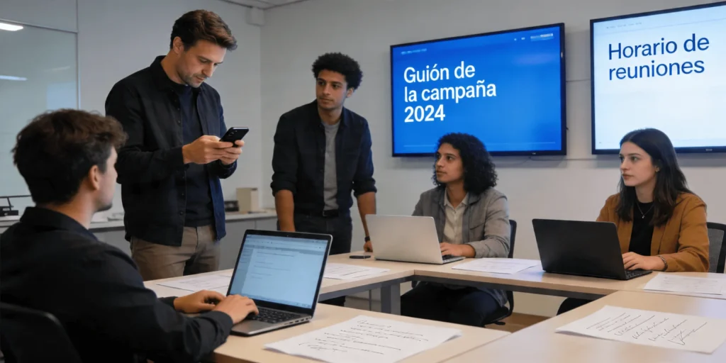Equipo de marketing de Good Social Media en Jerez, en una reunión de planificación de la campaña de redes sociales 2026.