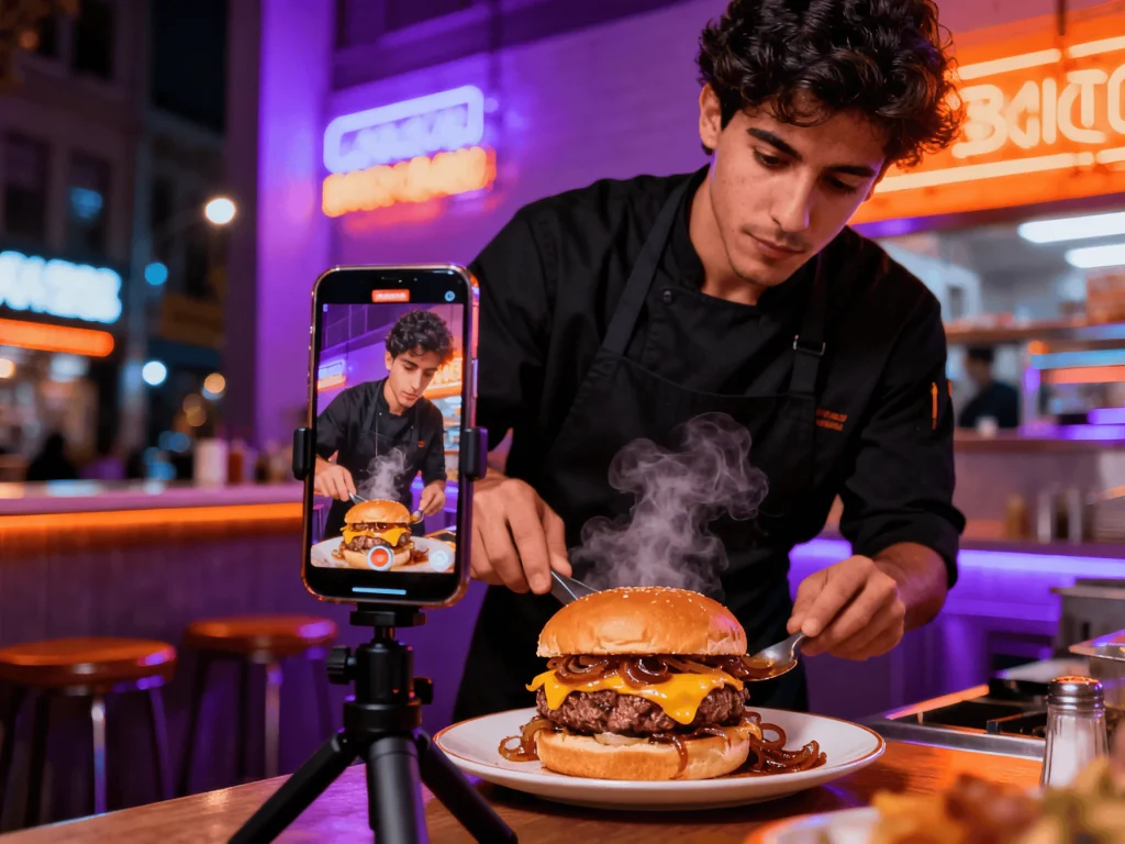 Una imagen hiperrealista y de estilo documental que captura el detrás de cámaras de un pequeño restaurante culinario español. Un chef español de aspecto natural y concentrado, con uniforme negro, está finalizando la preparación de una hamburguesa artesanal en su taller. Él está enfocado en su labor, rodeado de rollos de tela y herramientas de costura en un entorno de trabajo funcional. A su lado, un teléfono móvil montado en un trípode graba el proceso en directo para un Reels o TikTok, como se muestra en la pantalla del dispositivo. La escena, hiperrealista y de estilo documental, muestra un momento cotidiano de creación de contenido orgánico, transmitiendo humanización de marca, autenticidad y el concepto de marketing gastronómico Lo-Fi real.