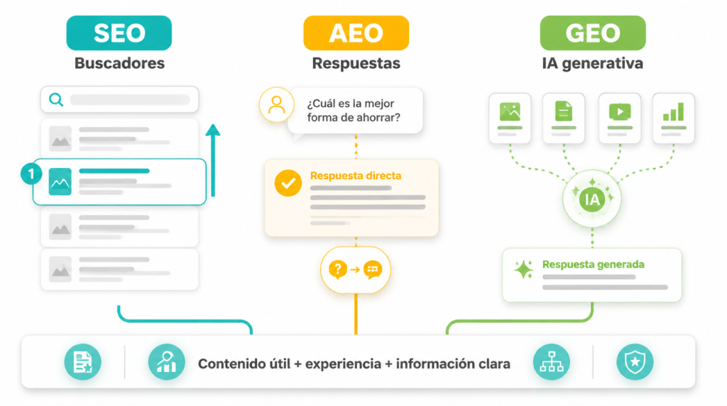 Infografía comparativa sobre la evolución del **SEO para IA**, AEO y GEO en buscadores.