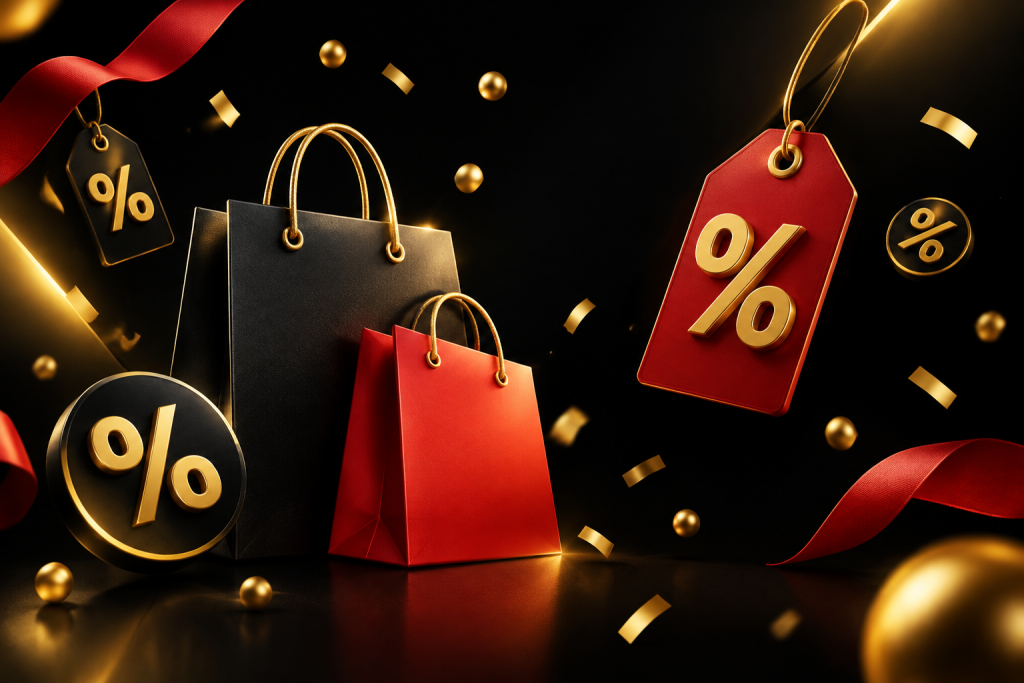 Bolsas de compras en negro y rojo junto a etiquetas de descuento flotantes y confeti dorado sobre fondo oscuro para Black Friday en redes sociales