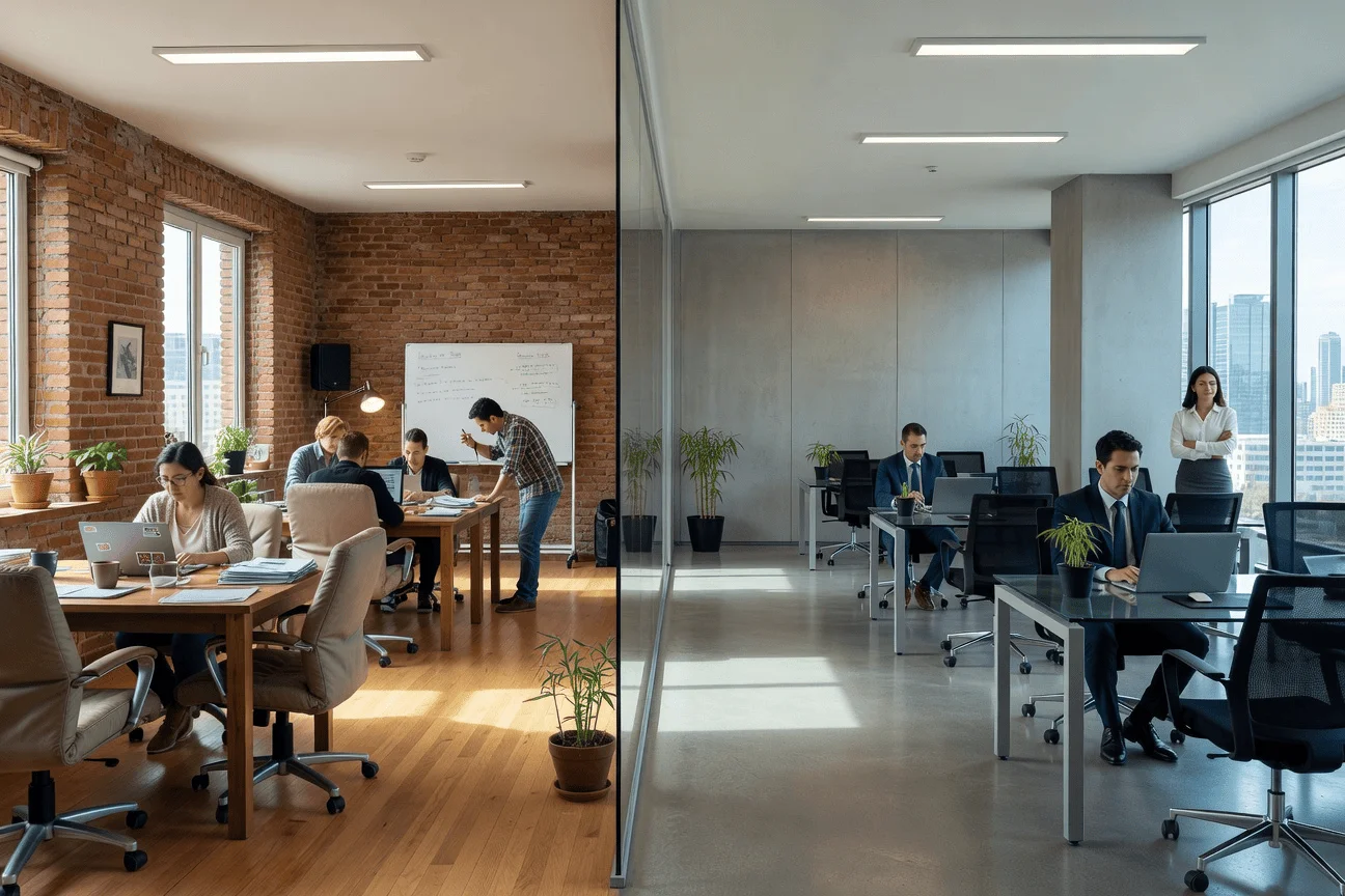 Infografía de pantalla dividida que contrasta una oficina de PYME con un equipo colaborativo y casual (izquierda, pared de ladrillo) y una oficina corporativa formal con ejecutivos en traje (derecha, edificio moderno). Incluye el texto: "REDES SOCIALES PARA PYMES: Cómo competir con grandes marcas" y una guía descriptiva. URL goodsocialmedia.com abajo a la izquierda.