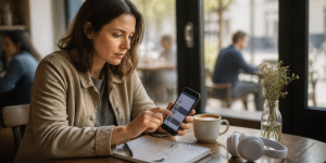 Empresaria optimizando su estrategia de marketing digital para PYMES en septiembre desde una cafetería en Jerez.