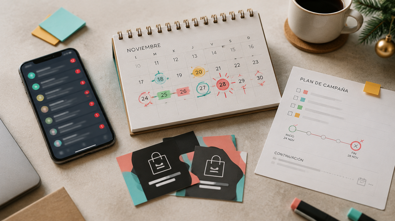 Calendario de noviembre con fechas marcadas junto a un documento de plan de campaña de marketing, teléfono móvil y taza de café en un escritorio.